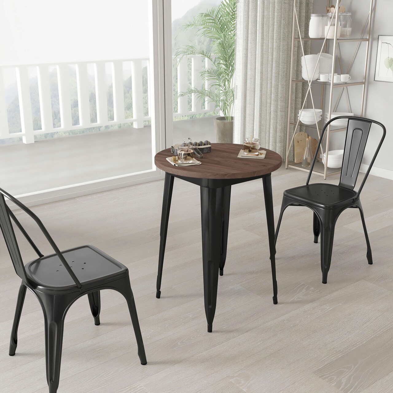 Merrick Lane 24" Round Metal Indoor Table with Galvanized Steel Frame and Rustic Wood Top